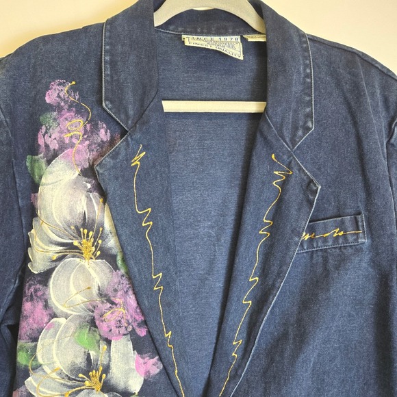 Vtg Jordache Jeanswear Denim Blazer, Painted Floral Design, Women's Size Medium - Picture 6 of 13
